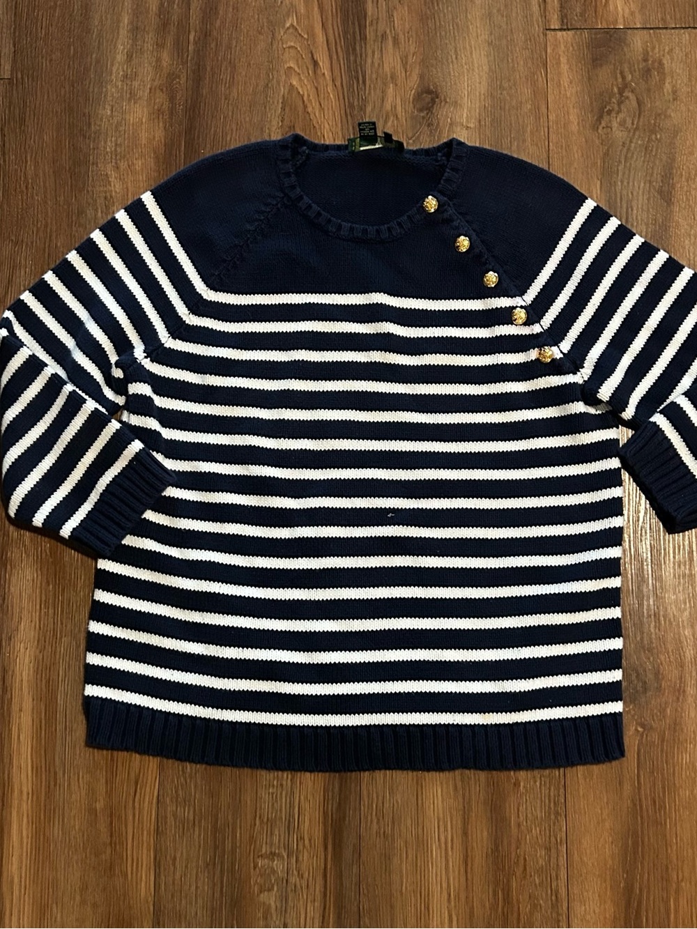 Ralph Lauren Nautical Sweater Sz Large Blue Striped 100% Cotton W/Brass Buttons